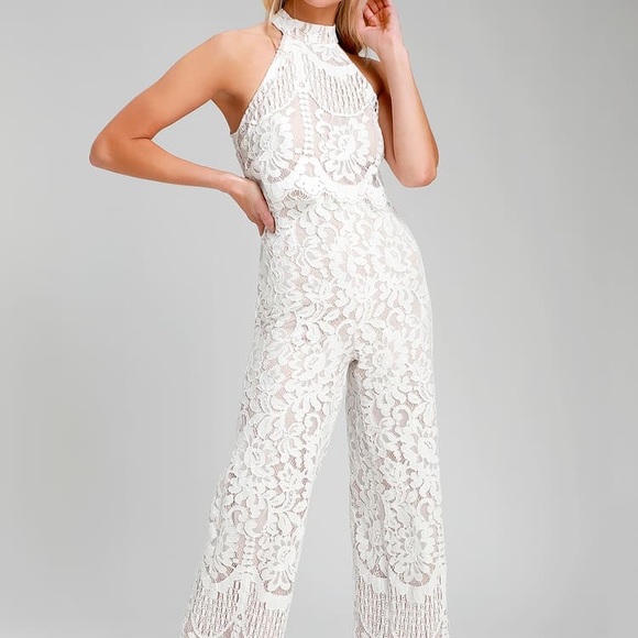 Lulus Pants - Lulus Britney White Lace Halter Jumpsuit